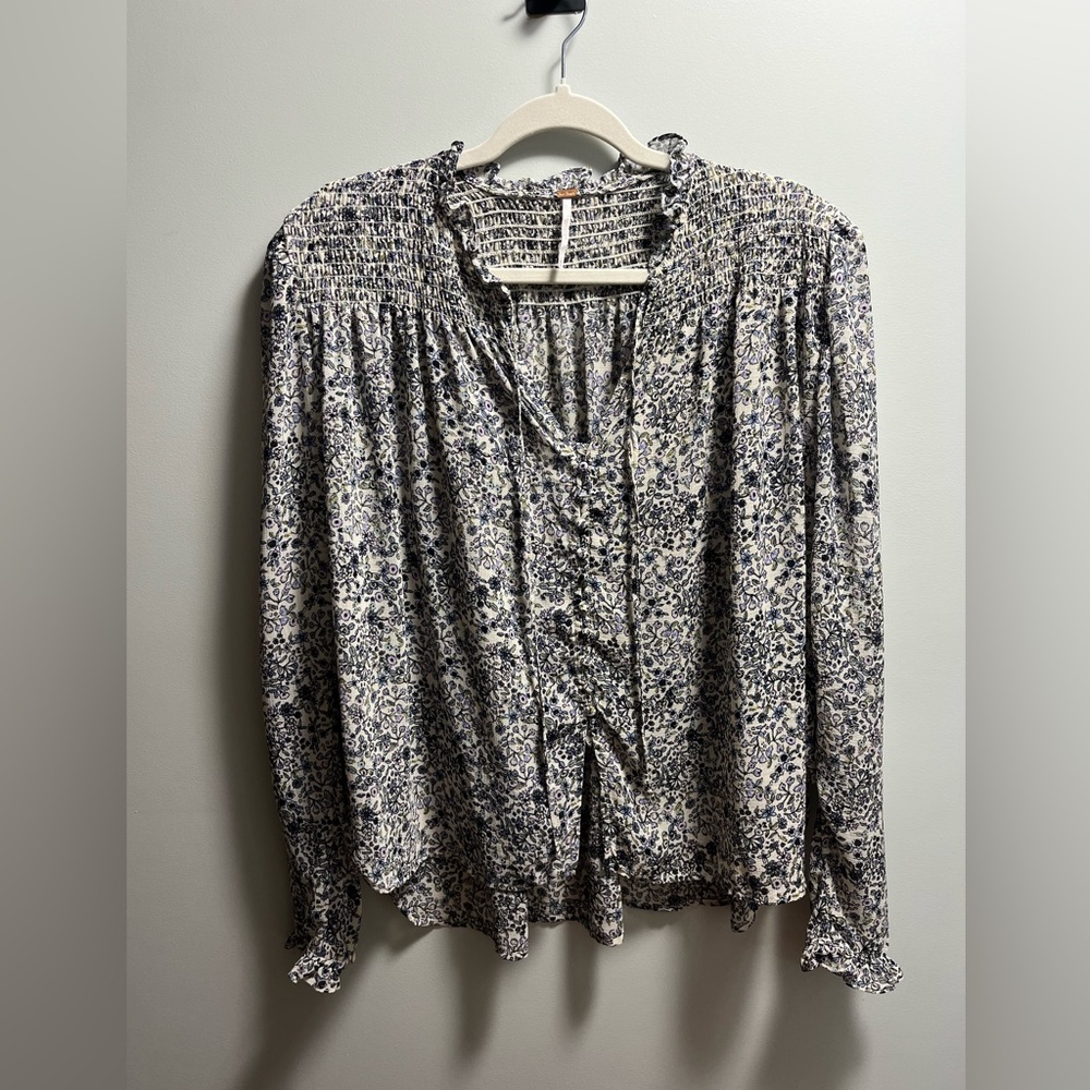 Free People Navy and White Floral Blouse